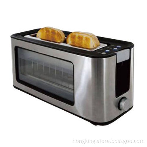 Transparent glass toaster with two 38mm wide slots, accompanied with CE/RoHS/DGCCRF approval